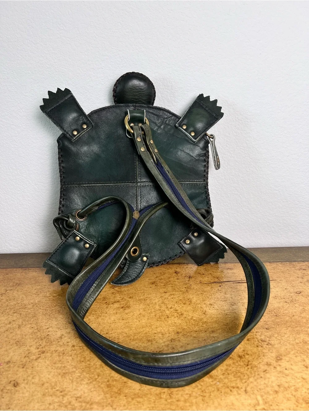 Handmade Green Turtle Leather Backpack Shoulder Bag OOAK Artisan Purse Unique